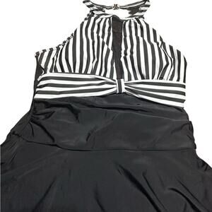 Black and White Striped Halter Dress